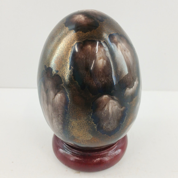 Handcrafted Glazed Ceramic Egg Ornament with Stand Earth Tone Drip Glaze Finish - Picture 4 of 10